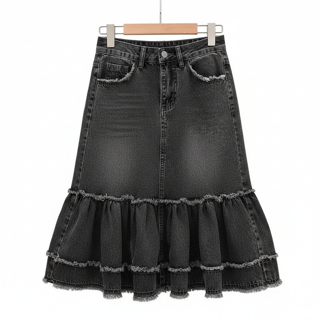 A dark gray frayed denim skirt with a pleated hem, hanging on a hanger with a hand holding the bottom edge, set against a gray background.