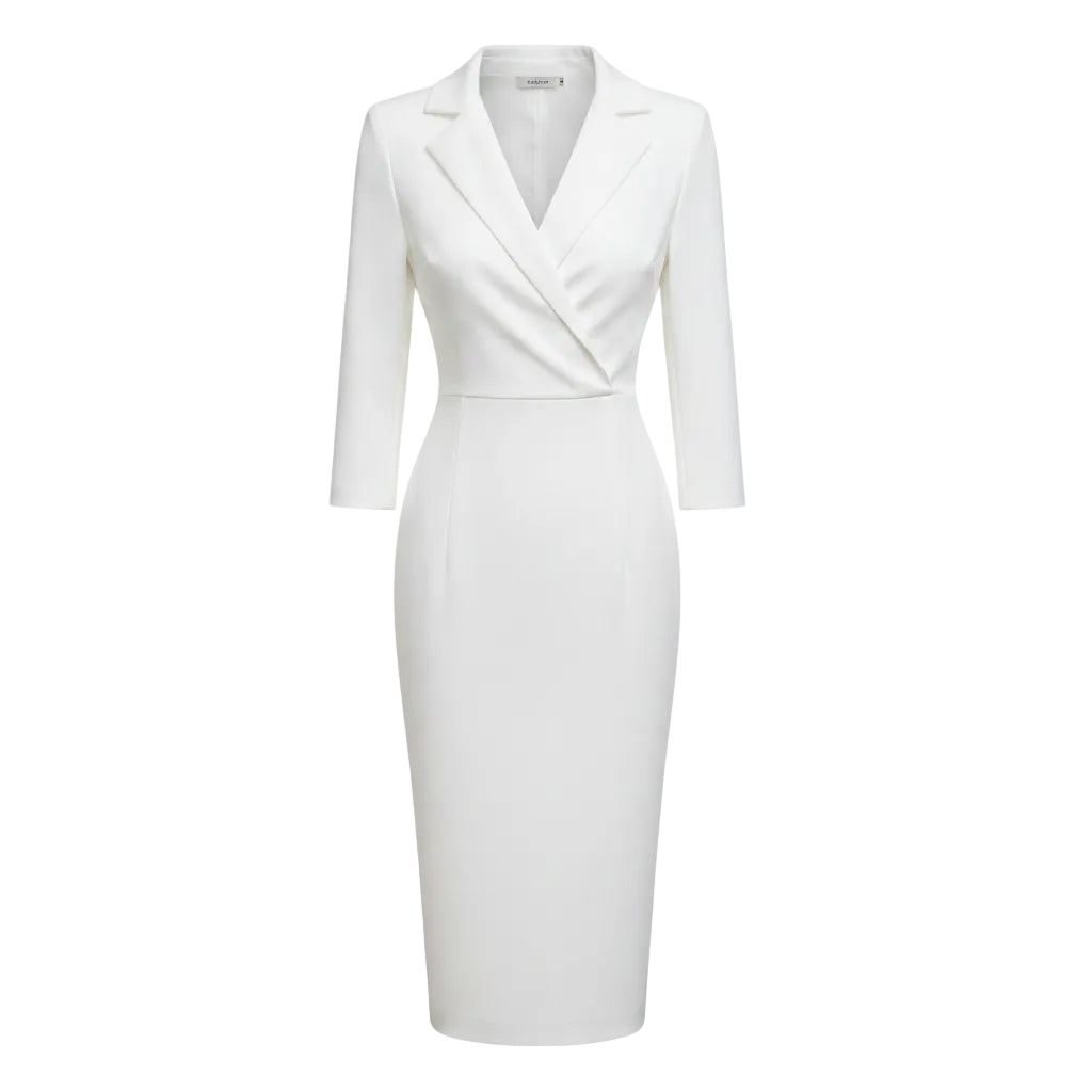 A woman wearing a fitted white knee-length dress with structured shoulders, a wrap-style V-neckline, and elbow-length sleeves, photographed outdoors against a softly blurred beige background.