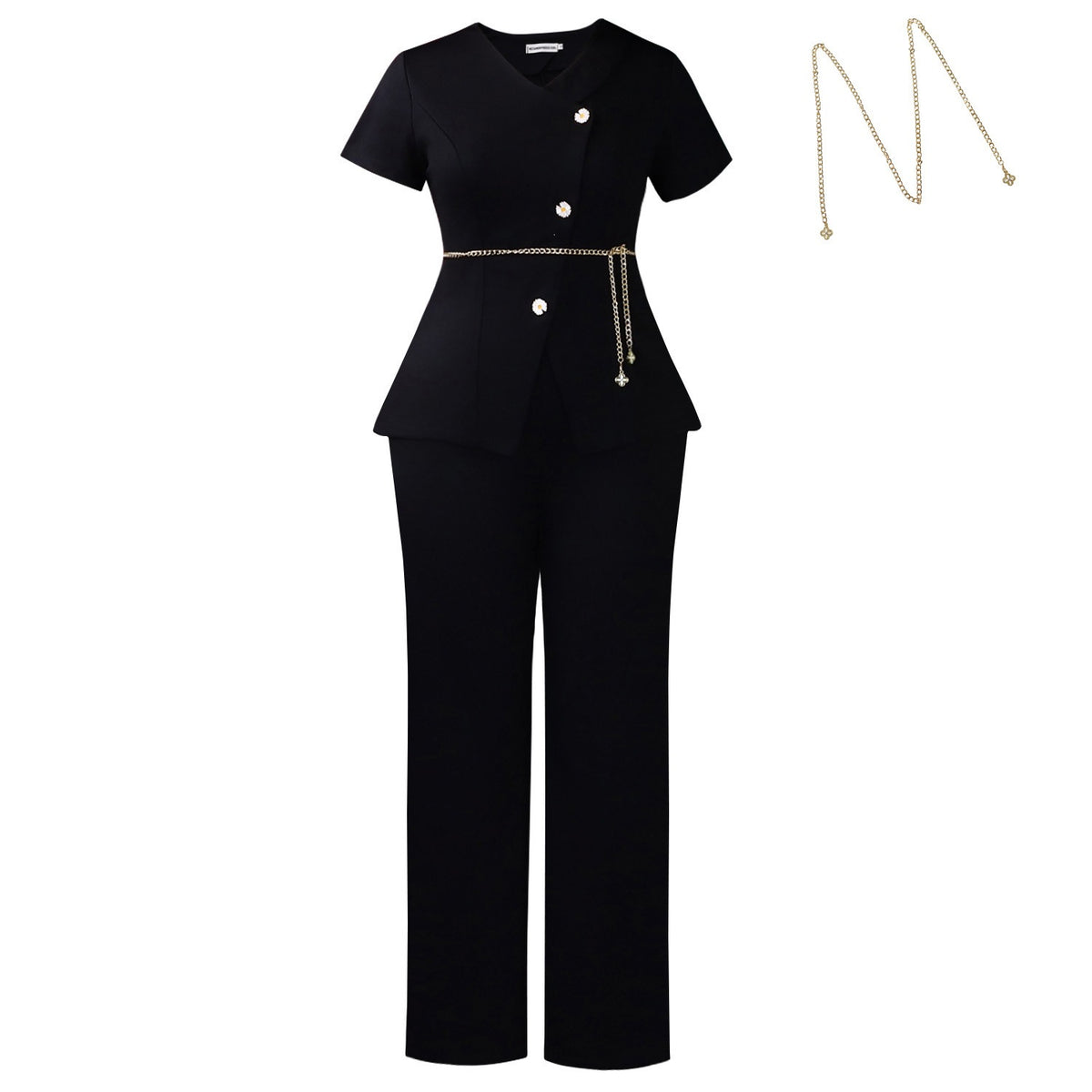 Black peplum top and wide-leg pants with a gold chain necklace on a white background