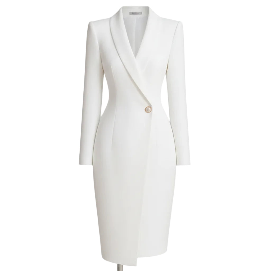 A woman wearing a fitted white long-sleeve knee-length dress with a shawl collar and a single decorative button, holding a small white clutch against a soft beige outdoor background.