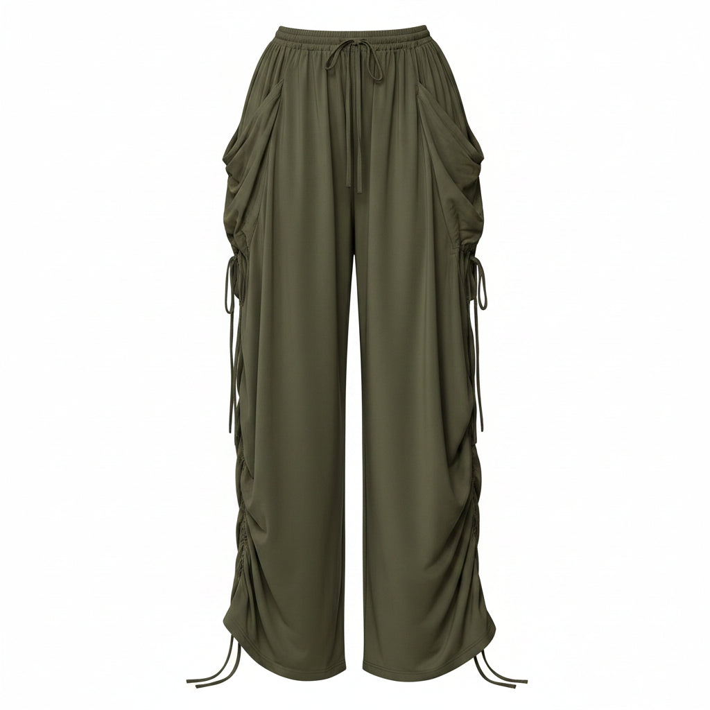 A person wearing olive green drawstring wide-leg cargo pants, holding a small black handbag, with text in the top right reading 'Drawstring Plus Size'.