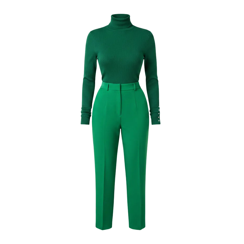 Person wearing a green outfit with a matching handbag against a concrete wall.