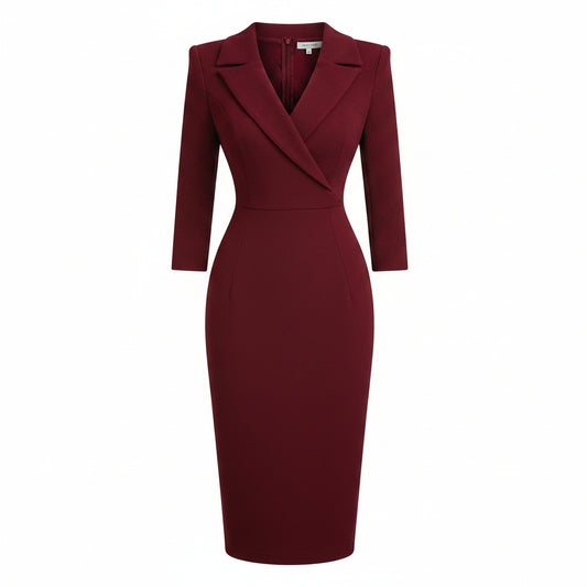 A woman wearing a fitted burgundy midi dress with structured shoulders, a wrap-style V-neckline, and elbow-length sleeves, holding a small metallic clutch against a softly blurred beige outdoor background.