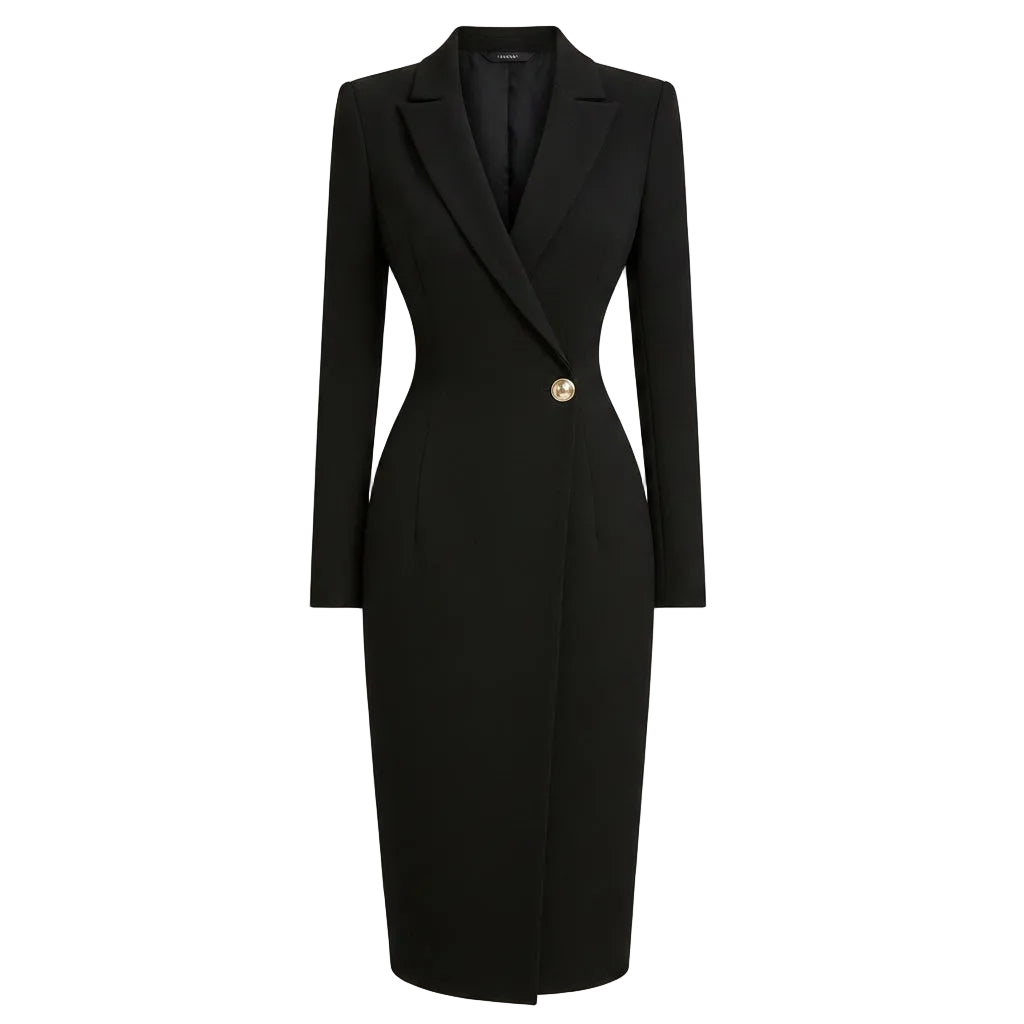 A woman wearing a fitted black long-sleeve blazer dress with a single gold-tone button, standing outdoors against a pale pink wall.