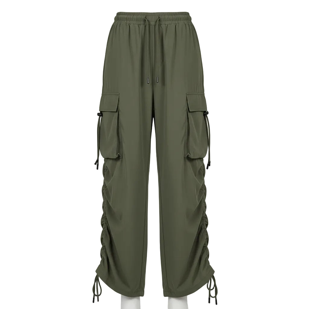 A person wearing olive green drawstring wide-leg cargo pants, holding a small black handbag, with text in the top right reading 'Drawstring Plus Size'.