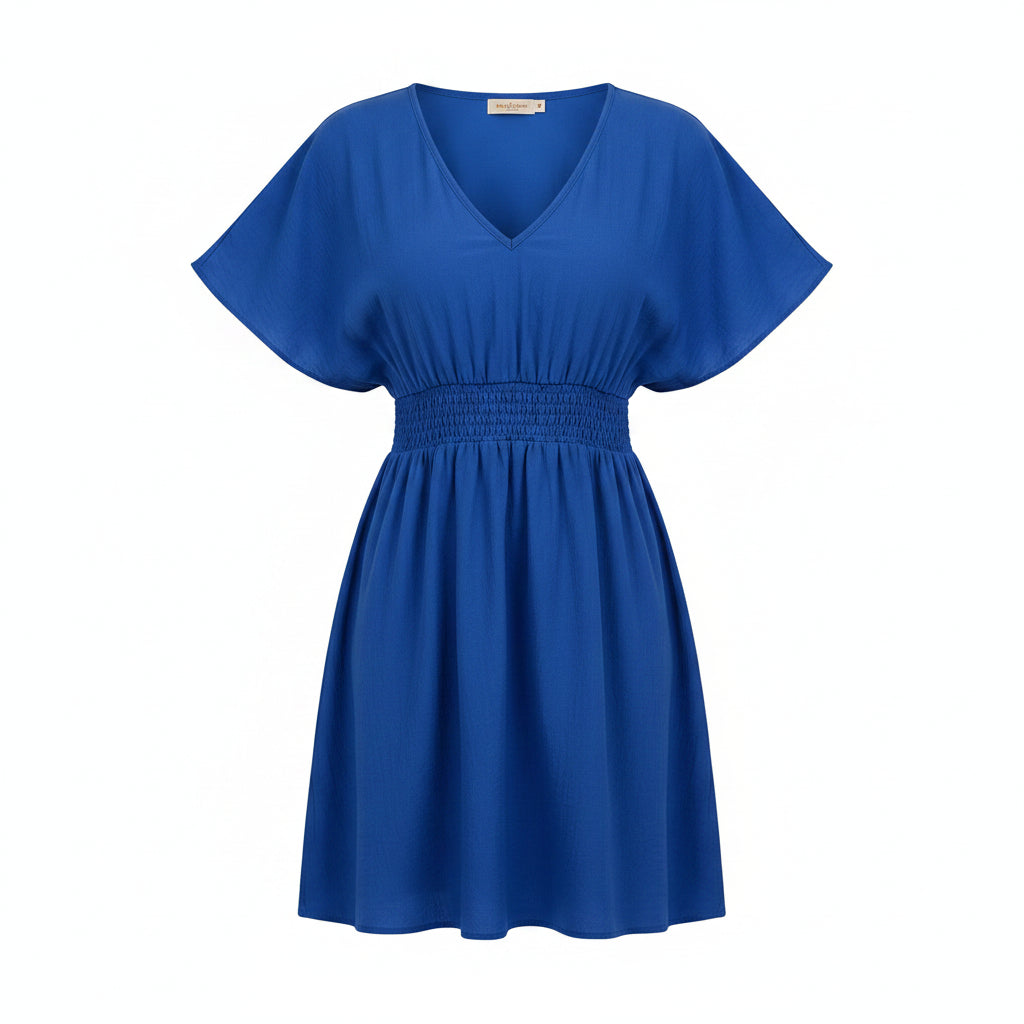 Woman wearing a blue dress on a white background