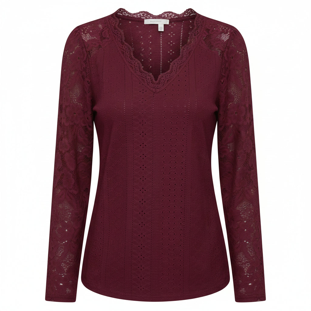 Maroon lace long-sleeve top worn by a person on a white background
