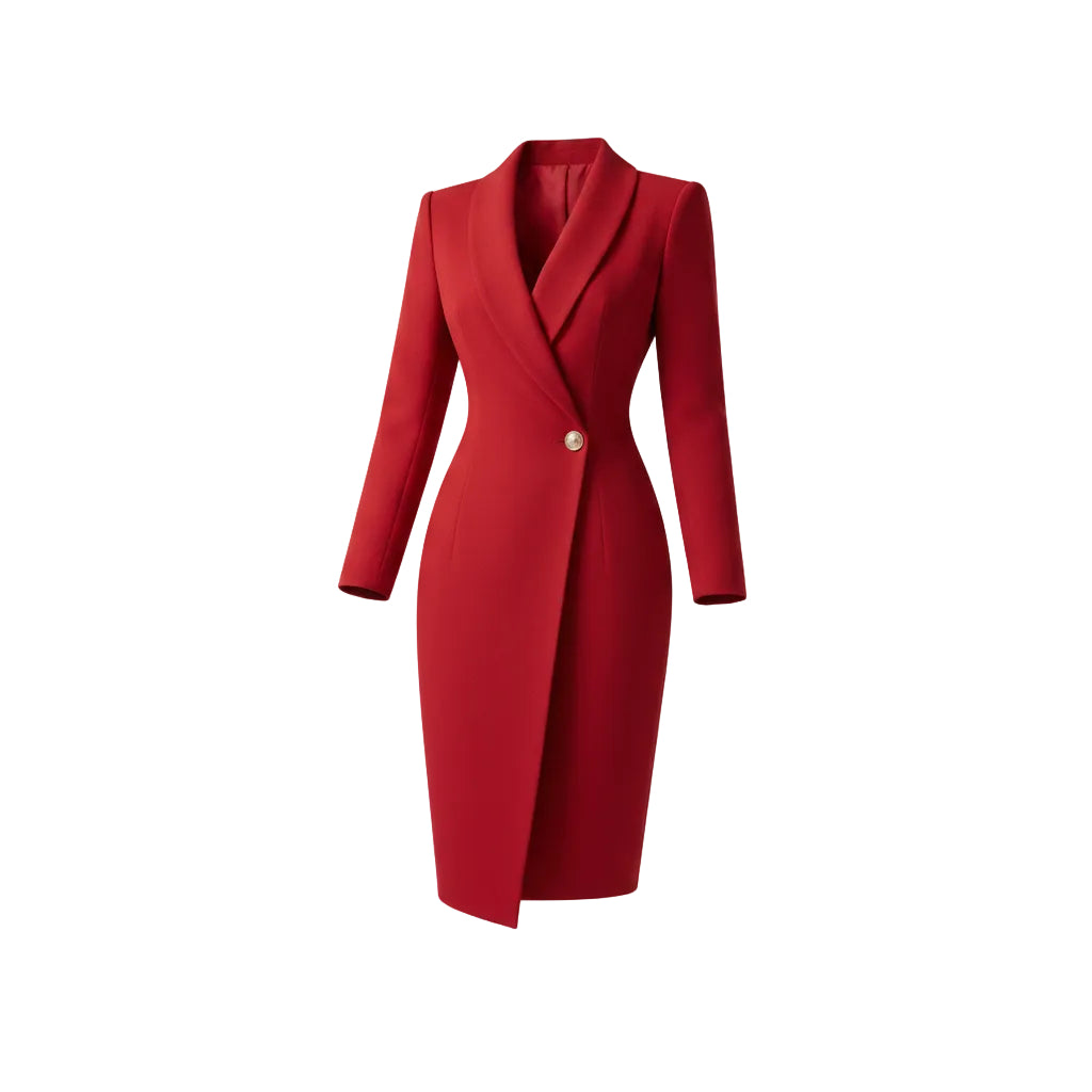 A woman wearing a fitted red knee-length blazer dress with a single front button, shown outdoors against a pale wall and paved ground.