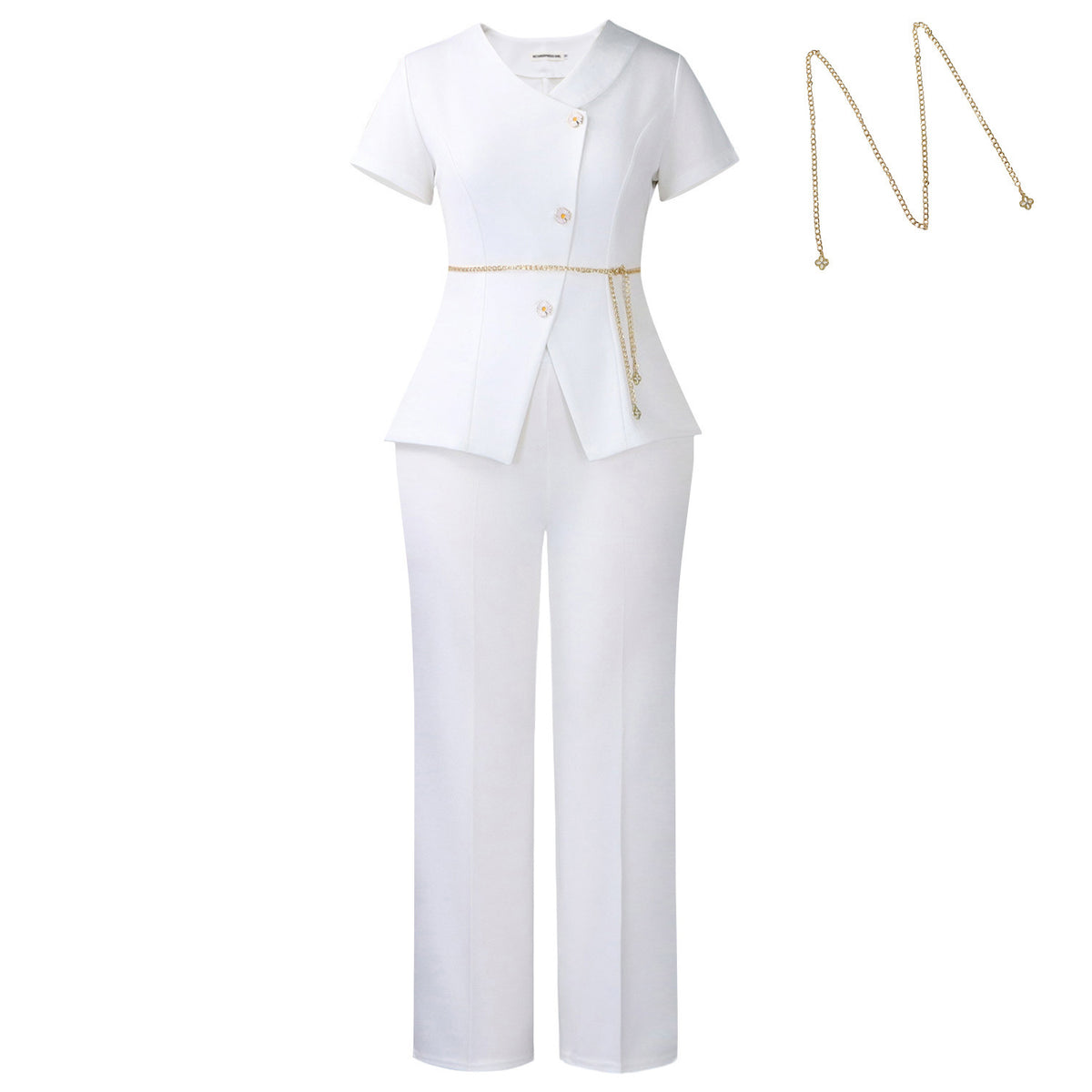 White outfit with gold accents and a necklace on a white background