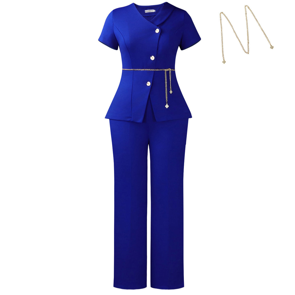 Blue suit with a necklace on a white background