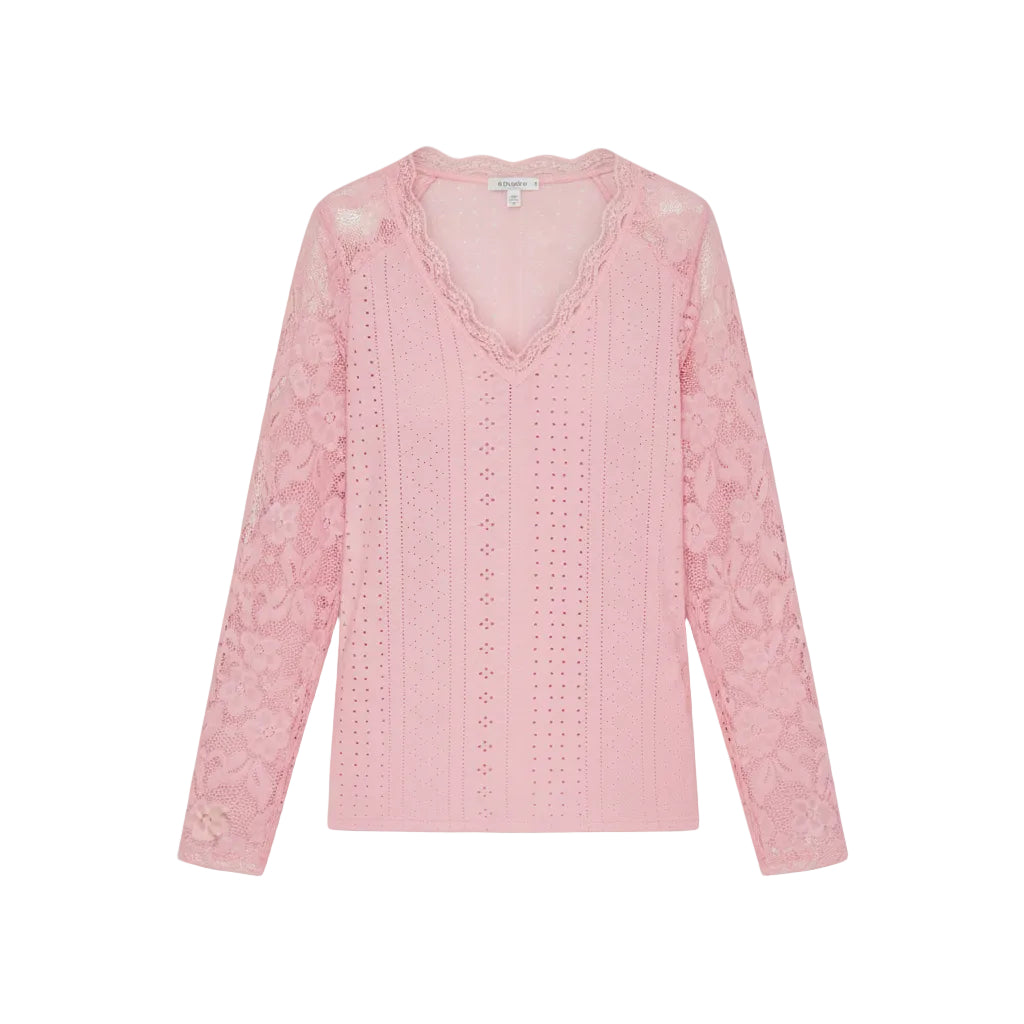 Pink lace top worn by a person with a neutral background