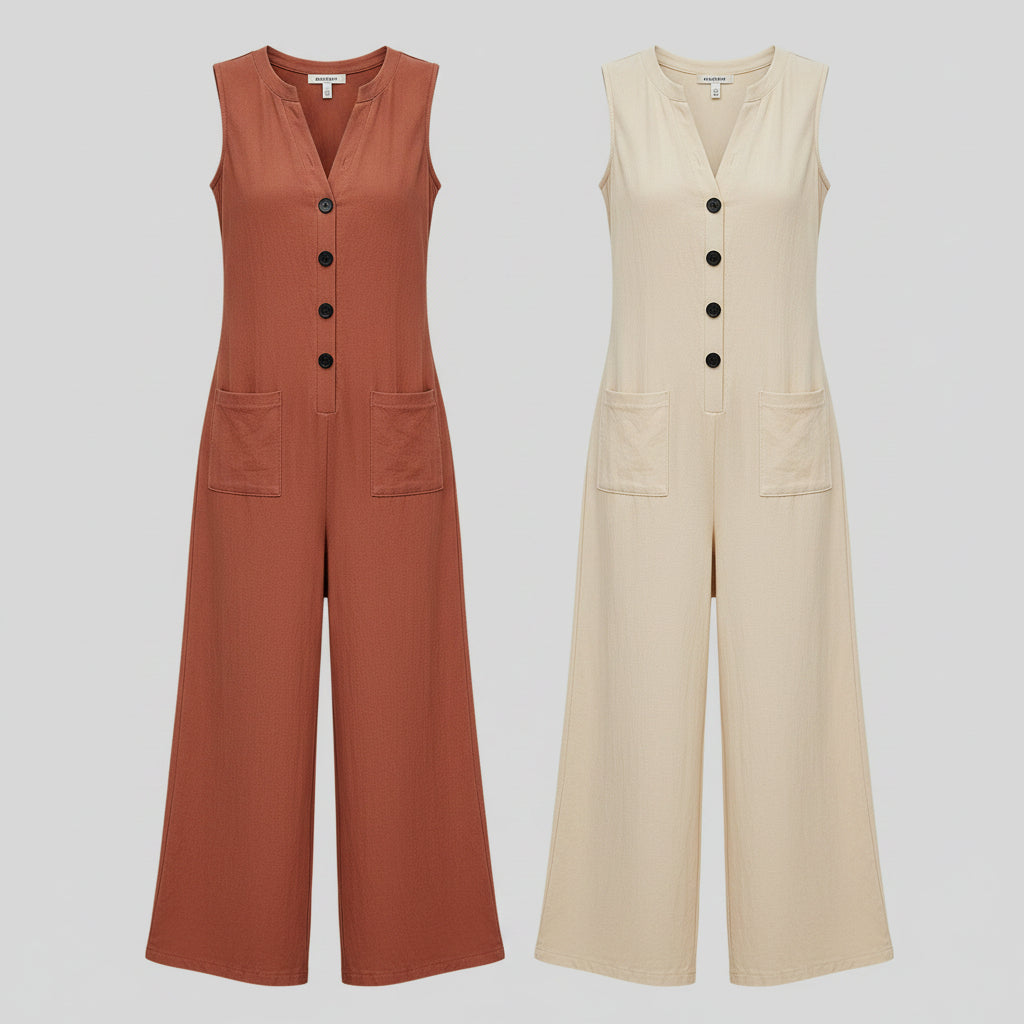 Two women modeling matching sleeveless wide-leg jumpsuits in a warm-toned indoor setting. One jumpsuit is dusty terracotta pink and the other is off-white/cream, both with black front buttons and patch pockets.