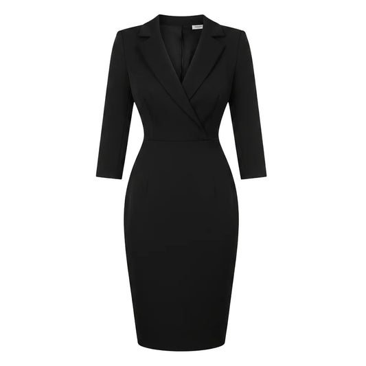 A woman wearing a fitted black knee-length dress with structured shoulders, a wrap-style V-neckline, and elbow-length sleeves, photographed outdoors against a softly blurred beige background.