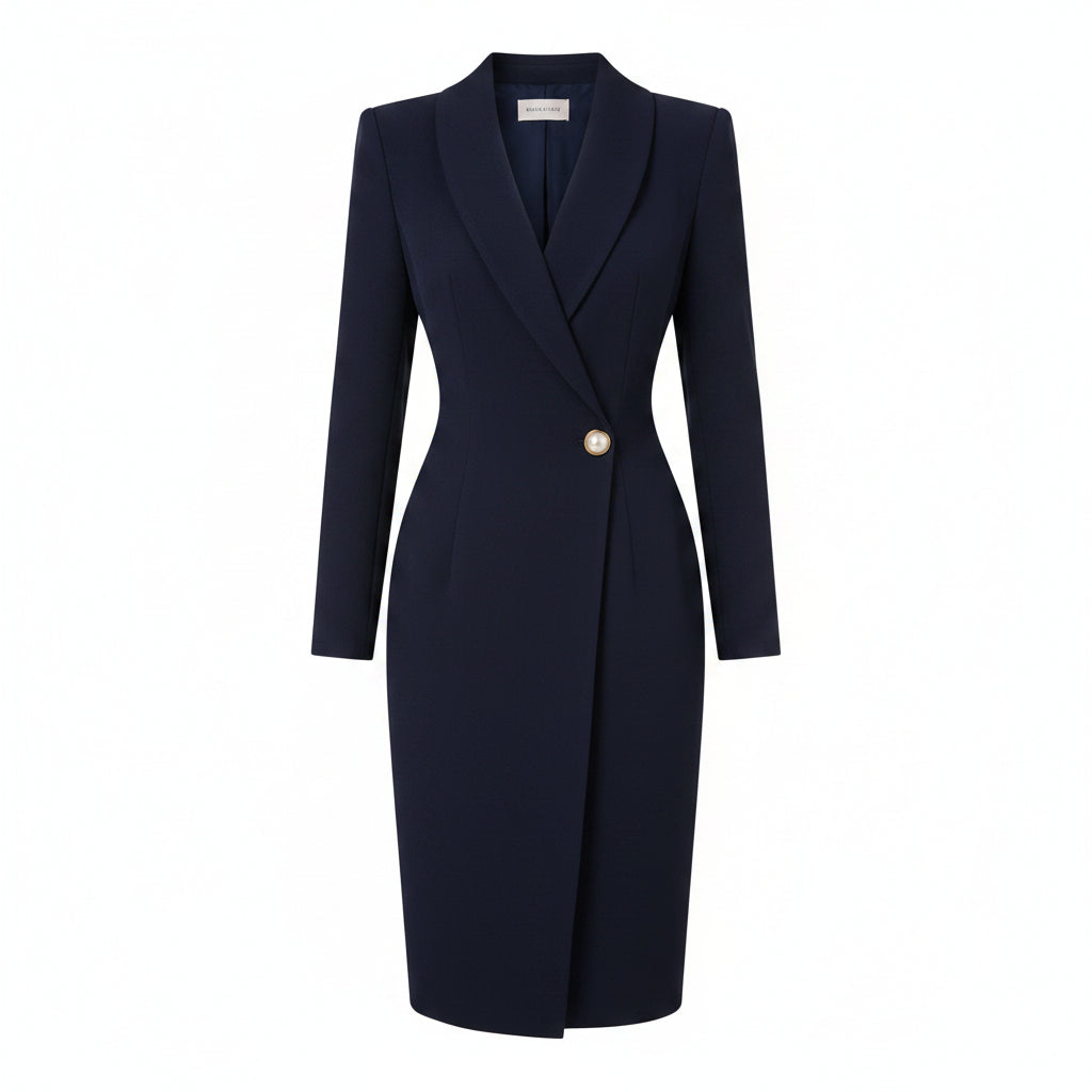 A woman models a navy blue knee-length blazer dress with a shawl collar, single front button, and structured shoulders, holding a white clutch against a light beige wall background.